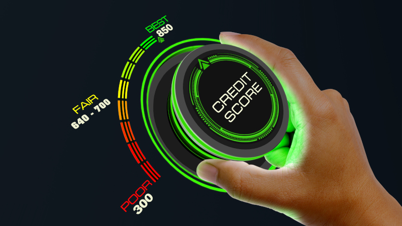 A figurative image of someone's hand turning a credit score dial from poor to excellent to increase and improve their credit score.
