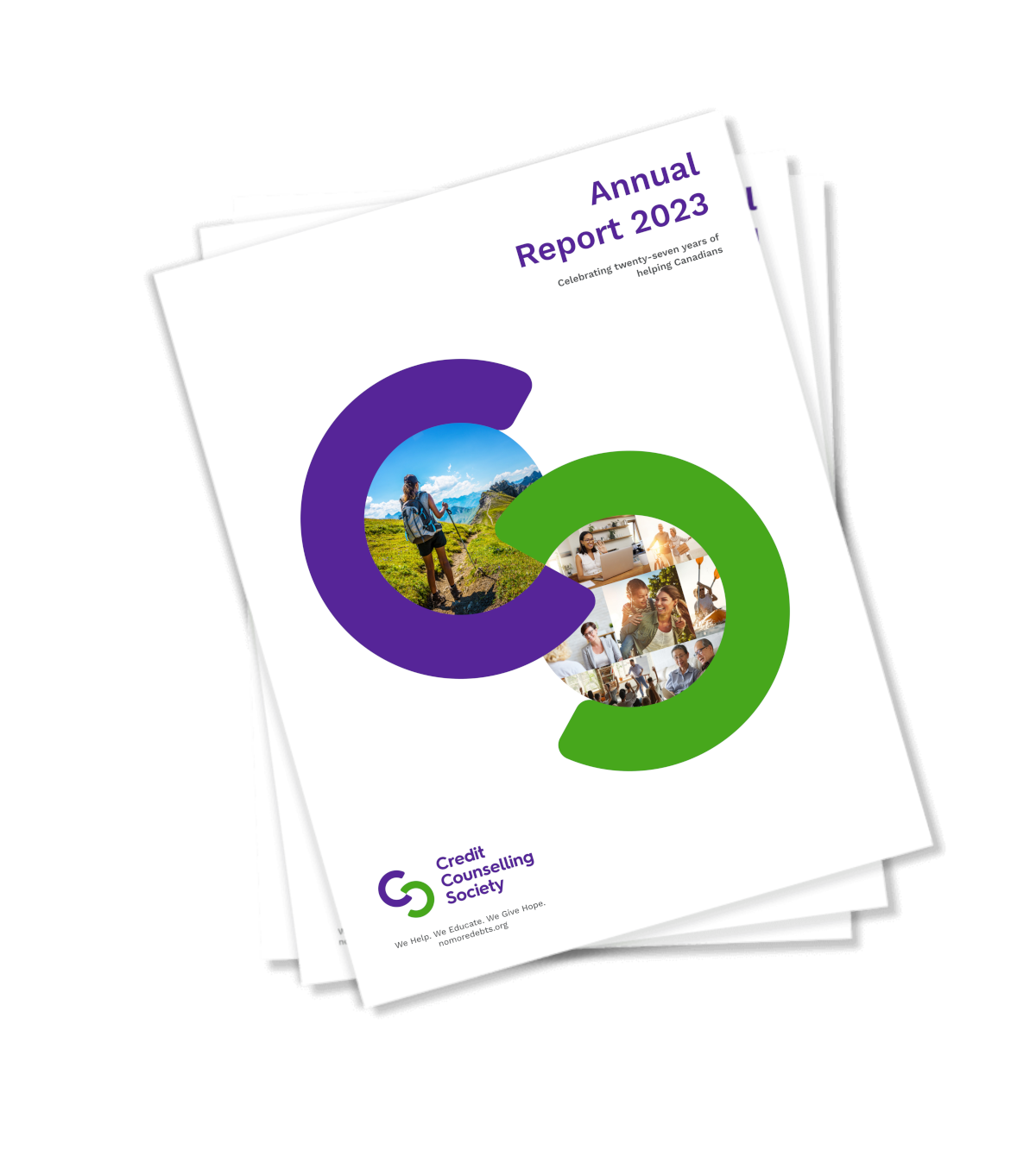 Stack of Annual Reports for the Credit Counselling Society with the 2023 report on top.