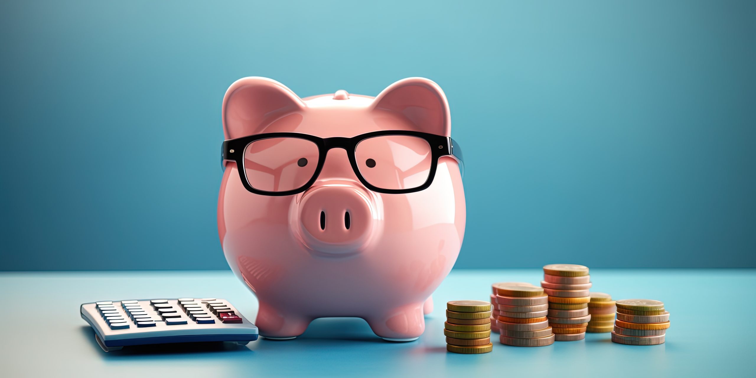 Pink Piggy Bank With Eyeglasses And Calculator, Concept Of Savings And Investments. Generative Ai