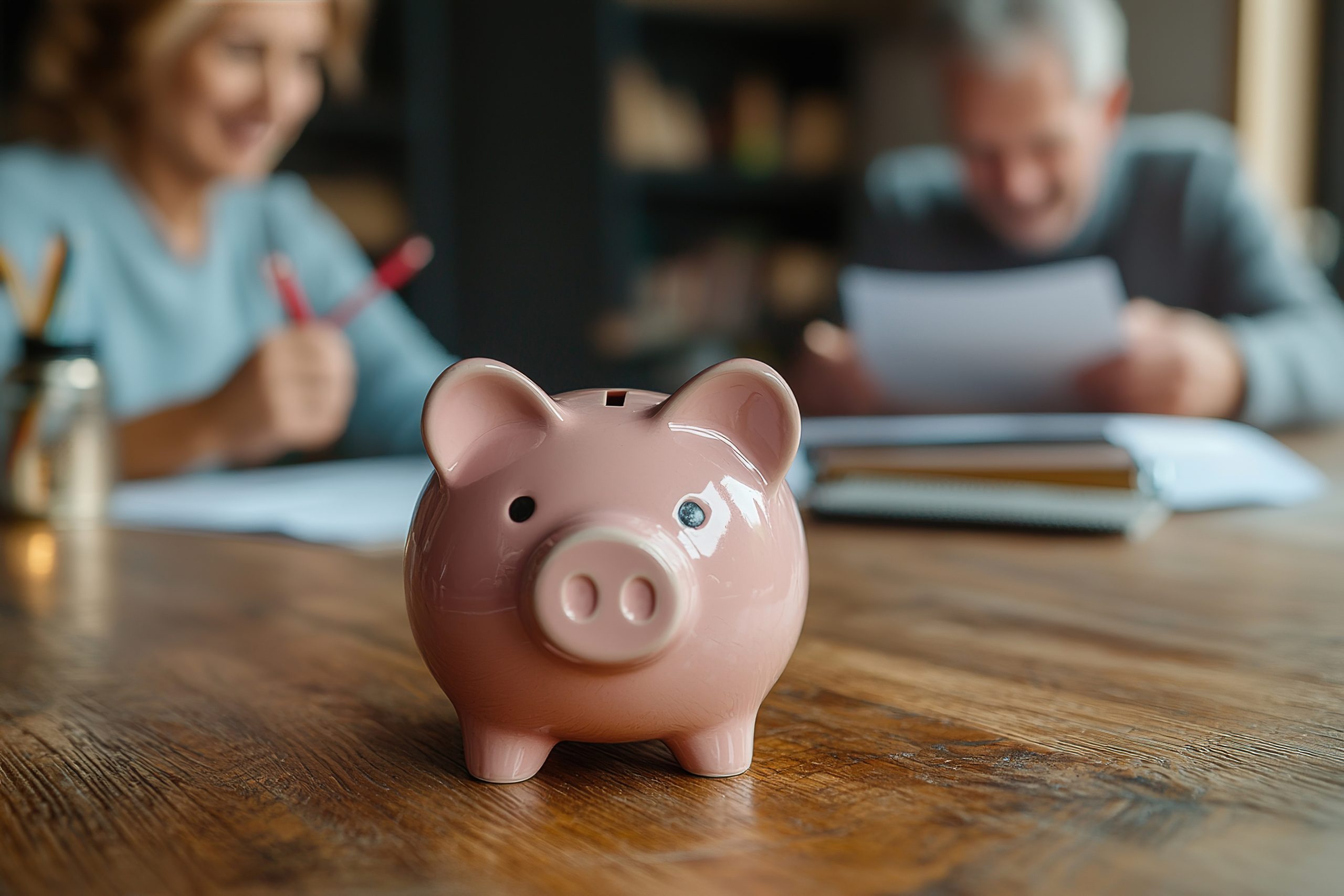 Close Up Focus On Small Piggybank On Table With Blurred Middle Aged Old Family Couple Doing Financial Paperwork, Managing Household Budget Or Planning Investment On Background,