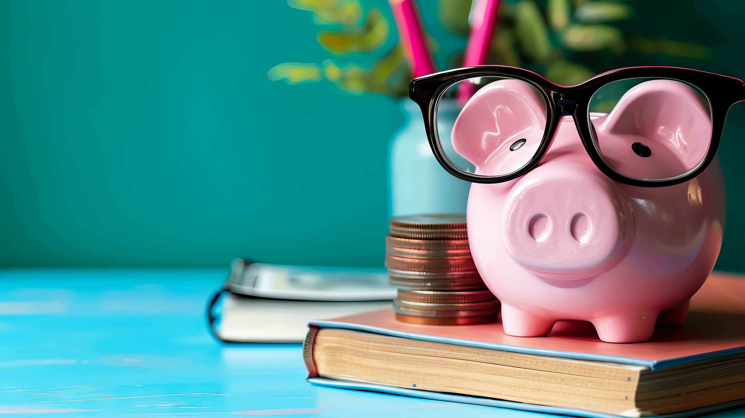 Piggy Bank, Books, Glasses And Money, Classes On Financial Literacy Concept Ai Generated