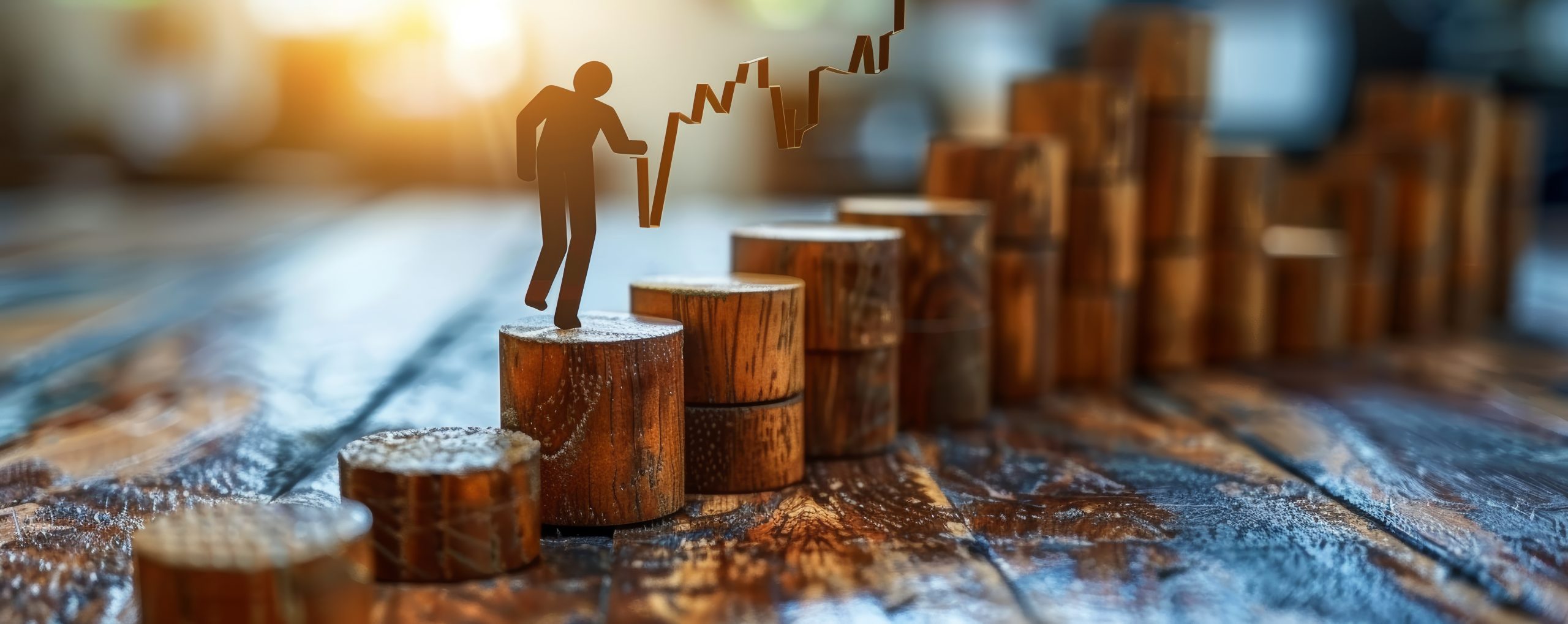 Wooden Blocks Arranged To Show An Upward Trend With A Figure Climbing, Symbolizing Growth, Success, And Progress In Business And Personal Development