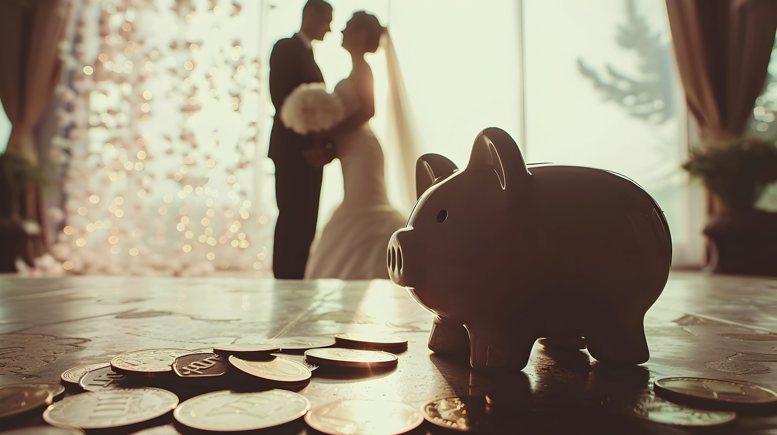 Newlyweds Saving For Their Future Investment Piggy Bank And Coins With Pastel Silhouette Couple