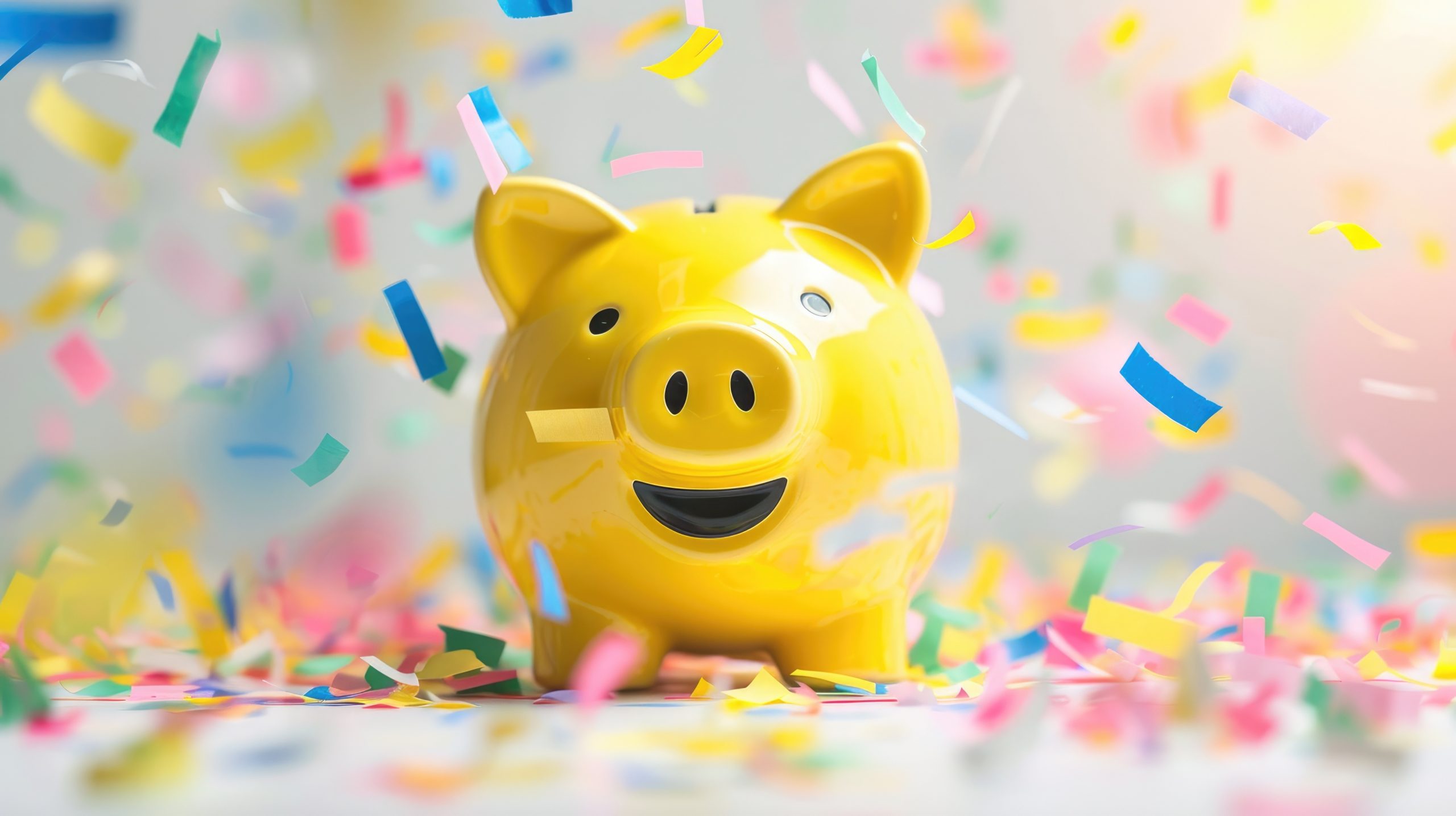 Yellow Piggy Bank Amid Colorful Confetti Celebration Background