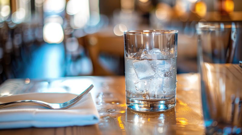 A glass of ice cold water on a table at a restaurant.