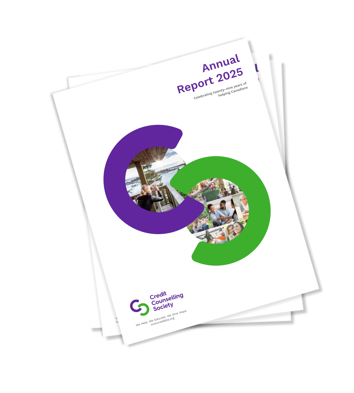 Stack of Annual Reports for the Credit Counselling Society with the 2025 report on top.