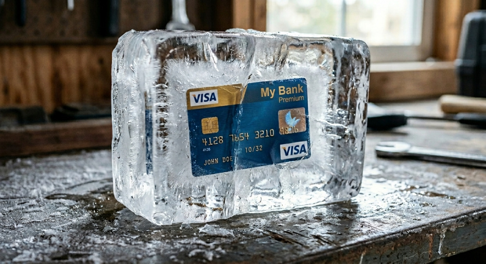 A credit card frozen in ice represents a step someone can take to stop their use of credit cards while repaying debt.