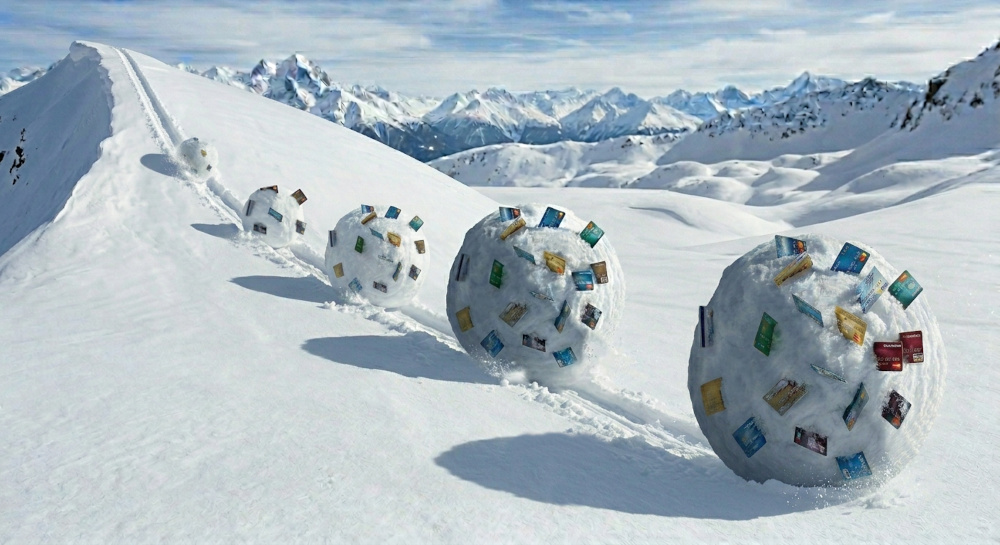 An illustration of the snowball debt repayment method with snowballs rolling down a hill becoming larger and larger with credit cards embedded in them.