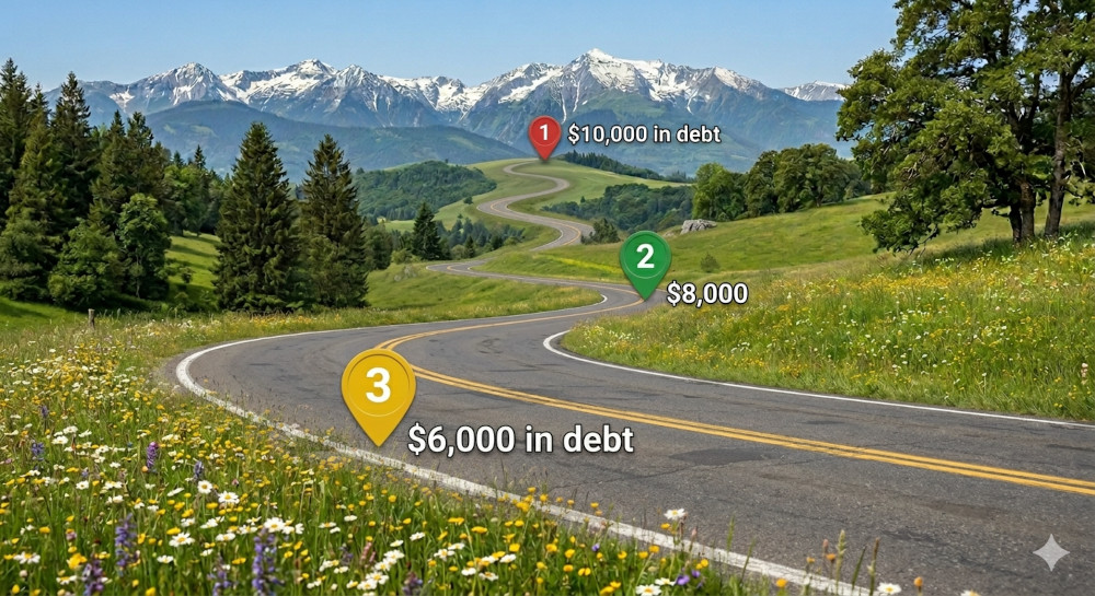 Tracking your progress is one of the helpful ways to reduce debt, and this road with markers represents this process and journey.