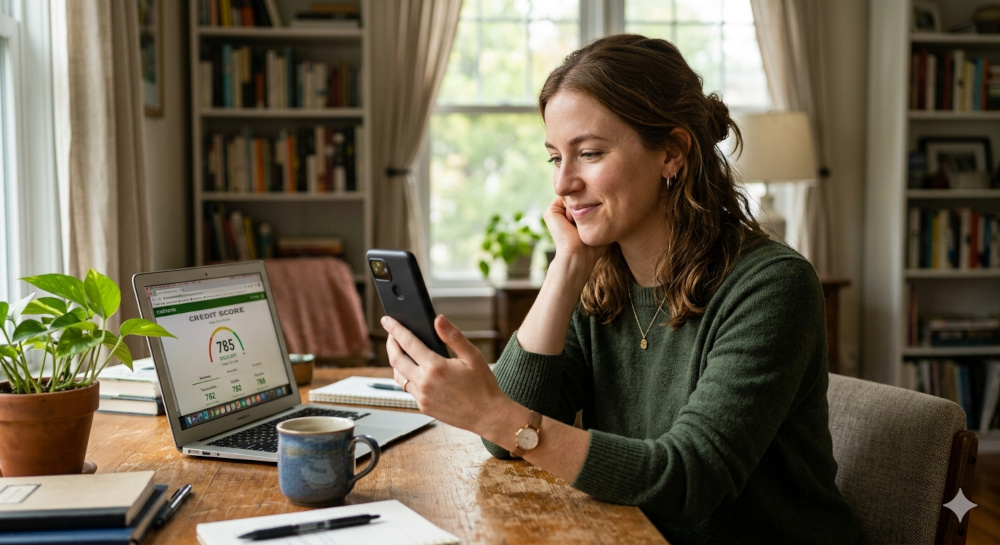 A woman checking her credit score at home on her phone and a laptop.