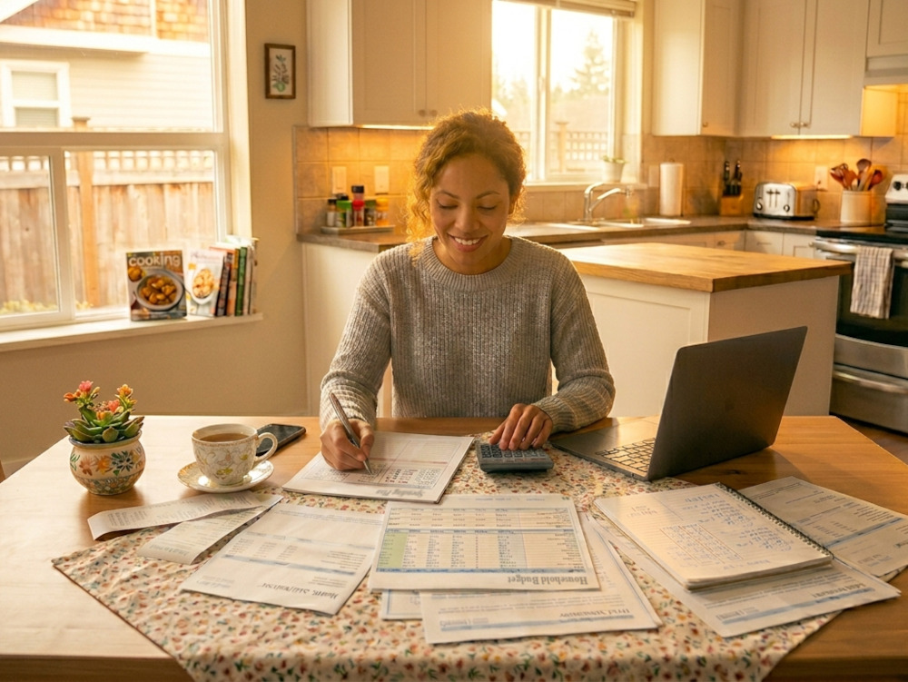 A woman creating a family spending plan or household budget in her kitchen.